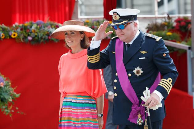 Prince Laurent and Princess Claire of Belgium pictured during the military parade on the Belgian National Day, in Brussels, Friday 21 July 2017.  KURTxDESPLENTER 05135963
