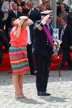 Prince Laurent and Princess Claire of Belgium pictured during the military parade on the Belgian National Day, in Brussels, Friday 21 July 2017.  KURTxDESPLENTER 05135964