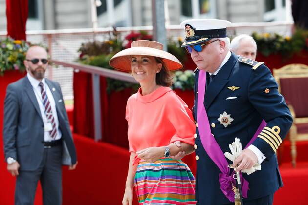 Prince Laurent and Princess Claire of Belgium pictured during the military parade on the Belgian National Day, in Brussels, Friday 21 July 2017.  KURTxDESPLENTER 05135965