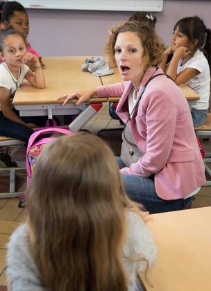 Federation Wallonia - Brussels Minister of Education and School Buildings Marie-Martine Schyns pictured during a visit to a school in Herstal, on the occasion of the first day of the new school year, Friday 01 September 2017. BENOITxDOPPAGNE 05156742
