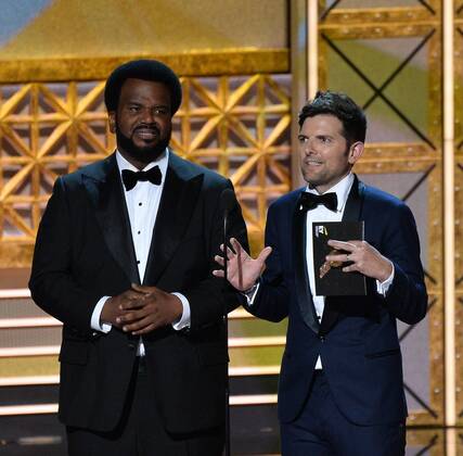 Actors Craig Robinson and Adam Scott onstage during the 69th annual Primetime Emmy Awards at Microsoft Theater in Los Angeles on September 17, 2017.  LAP201709170278 JIMxRUYMEN