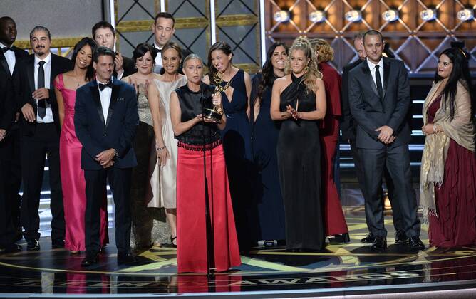 The cast and crew of The Voice accept the award for Outstanding Reality-Competition Program onstage during the 69th annual Primetime Emmy Awards at Microsoft Theater in Los Angeles on September 17, 2017.  LAP201709170300 JIMxRUYMEN