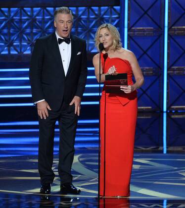 Actors Alec Baldwin and Edie Falco announce a winner onstage during the 69th Annual Primetime Emmy Awards at Microsoft Theater at Microsoft Theater in Los Angeles on September 17, 2017.  LAP201709172017 JIMxRUYMEN