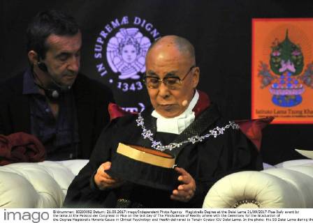 Magistralis Degree at the Dalai Lama 21 09 2017-Pisa-Italy event by the lama At the Palazzo dei Congressi in Pisa on the last day of The Mindscience of Reality where with the Ceremony for the Graduation of the Degree Magistralis Honoris Cause in Clinical Psychology and Health delivered to Tenzin Gyatso XIV Dalai Lama. In the photo: His SS Dalai Lama during the introductory speech at delivery Laurea magistralis. Photos RobertoCappa photojournalism.  Copyright: xFotoxRobertoCappello Fotogiornalx xRobertoxCappellox