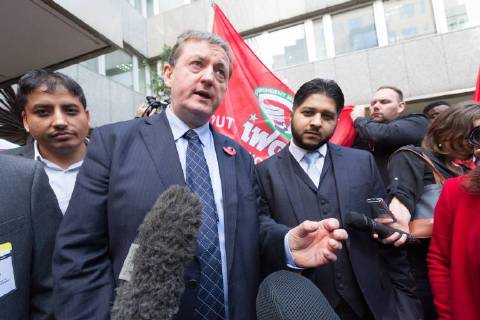 November 10, 2017 - London, London, UK - LONDON, UK. JAMES FARRAR and YASEEN ASLAM, former Uber drivers, arrive at the Employment Appeals Tribunal in London today. The two former drivers, James Farrar and Yaseen Aslam, won a landmark case against the cab hiring app last year after arguing they were employees and entitled to the minimum wage, sick pay and paid holiday. Uber challenged the ruling, saying it could deprive drivers of the personal flexibility they valueâ London UK - ZUMAl94_ 20171110_zaf_l94_016 Copyright: xVickiexFloresx