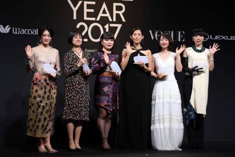 November 24, 2017, Tokyo, Japan - (L-R) Japanese artist Kom I, Naoki award author Riku Onda, comedian Buruzon Chiemi, actress Tae Kimura, actress Riho Yoshioka and choreographer Mikiko pose for photo as they receive Vogue Japan Women of the Year 2017 award in Tokyo on Friday, November 24, 2017.  (lwxa016149)
