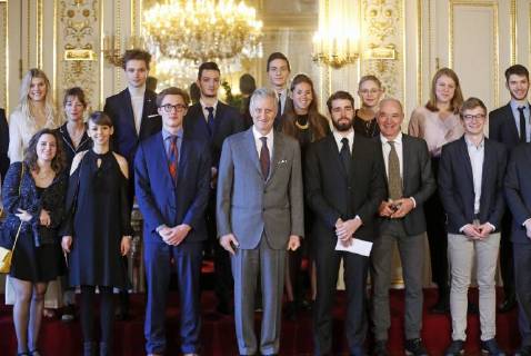 King Philippe - Filip of Belgium (C) poses with the laureates at the award ceremony of the thirteenth edition of the Belgodyssee prize for young journalists, at the Royal Palace in Brussels, Thursday 14 December 2017.  NICOLASxMAETERLINCK 05218410