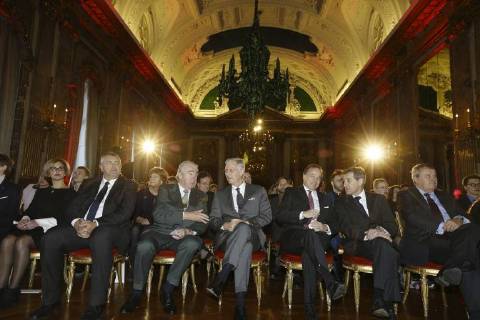 Arlin Bagdat, RTBF board chairman Jean-François Raskin, Baron Paul Buysse, King Philippe - Filip of Belgium, Alexis Brouhns, Baron Luc Vansteenkiste and Paul Lembrechts pictured during the award ceremony of Belgodyssee at Royal Palace, Thursday 14 December 2017 in Brussels.  NICOLASxMAETERLINCK 05218776