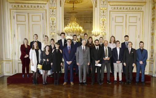 Ruben Matthys, King Philippe - Filip of Belgium and Milan Berckmans pictured during the award ceremony of Belgodyssee at Royal Palace, Thursday 14 December 2017 in Brussels.  NICOLASxMAETERLINCK 05218693