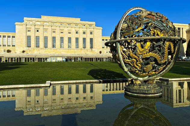 Himmelskugel Woodrow Wilson Memorial Sphere, Völkerbundpalast, Vereinte Nationen, Genf, Schweiz, Europa Copyright: imageBROKER GuenterxFischer iblgva04607158.jpg
