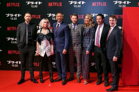 (L to R) Director David Ayer, actress Noomi Rapace, Will Smith and Joel Edgerton, pose for the cameras during the Japan premiere for the movie Bright on December 19, 2017, Tokyo, Japan. The casts received a warm welcome from the Japanese fans at the event. The film will be released globally on Netflix on December 22. (gxta_brightjp014)