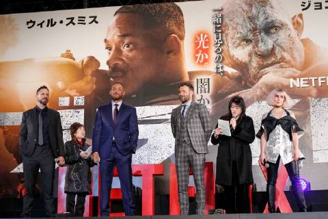 (L to R) Director David Ayer, Will Smith, Joel Edgerton and actress Noomi Rapace, attend the Japan premiere for the movie Bright on December 19, 2017, Tokyo, Japan. The casts received a warm welcome from the Japanese fans at the event. The film will be released globally on Netflix on December 22. (gxta_brightjp020)