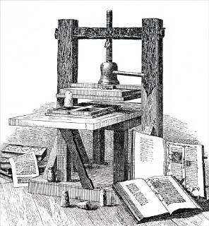 Engraving depicting Johannes Gutenberg s printer. Johannes Gutenberg (1400-1468) a German blacksmith, goldsmith, printer, and publisher who introduced printing to Europe. Dated 19th century 917_05_WHA_106_0766