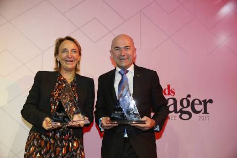 Sioen Industries CEO Michele Sioen and Ice Watch CEO Jean-Pierre Lutgen pose with their awards of Flemish and French-speaking manager of the year at the award ceremony for the Manager of the Year 2017, Tuesday 09 January 2018 in Brussels. Flemish business magazine Trends and french-speaking counterpart Trends-Tendance have a yearly tradition of electing a Flemish and a french-speaking manager of the year.  NICOLASxMAETERLINCK 05273036