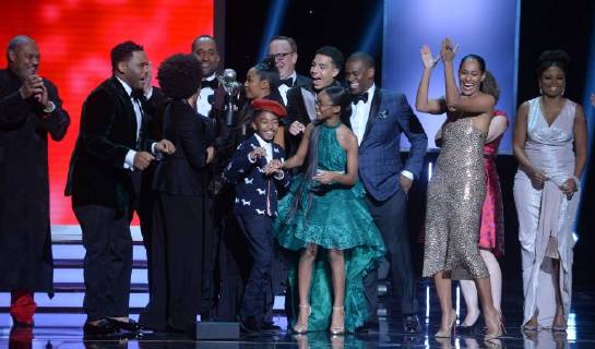 Laurence Fishburne, Anthony Anderson, Jeff Meacham, Jenifer Lewis, Yara Shahidi, Miles Brown, Peter Mackenzie, Marsai Martin, Miles Brown, and Tracee Ellis Ross accept the Outstanding Comedy Series award for black-ish onstage during the 49th NAACP Image Awards at the Pasadena Civic Auditorium in Pasadena, California on January 15, 2018. The NAACP Image Awards celebrates the accomplishments of people of color in the fields of television, music, literature and film and also honors individuals or groups who promote social justice through creative endeavors.during the 49th NAACP Image Awards at the Pasadena Civic Auditorium in Pasadena, California on January 15, 2018. The NAACP Image Awards celebrates the accomplishments of people of color in the fields of television, music, literature and film and also honors individuals or groups who prom LAP20180115929 JIMxRUYMEN