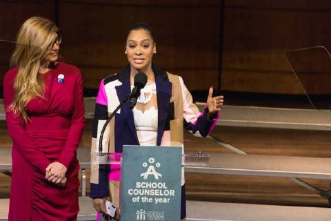 February 2, 2018 - Washington, DC, United States - (L-R): - Connie Britton (FOX series â€oe9-1-1â€Â), and La La Anthony (Starz series Power ), speak at the 2018 School Counselor of the Year awards ceremony, at the John F. Kennedy Center for the Performing Arts in Washington, D.C., on Friday, Feb. 2, 2018. ( ) Washington United States - ZUMAn230 20180202_zaa_n230_331 Copyright: xCherissxMayx