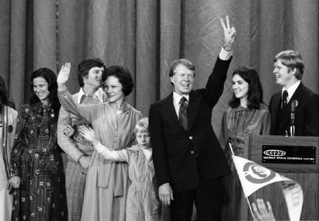 November 3, 1976 - Atlanta, Georgia, Georgia - United States President-elect Jimmy Carter, his wife, Rosalynn, and daughter Amy, surrounded by family, wave to the crowd at an election night rally after he claimed victory over US President Gerald R. Ford in Atlanta, Georgia on November 3, 1976. .Credit: CNP Atlanta Georgia - ZUMAs152 19761103_zaa_s152_004 Copyright: xBenjaminxE.x Gene xFortex