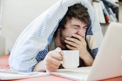 Junger Mann lernt, arbeitet gähnend am Computer im Bett, Homeoffice, Deutschland, Europa Copyright: imageBROKER/JanxTepass ibxjte04634637.jpg