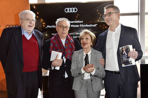 Moritz de Hadeln, Dieter Kosslick, Beki Probst und Christian Jungen bei der Buchpräsentation Moritz de Hadeln: Mister Filmfestival während der Berlinale 2018 in der Berlinale Audi Lounge. Berlin, 21.02.2018