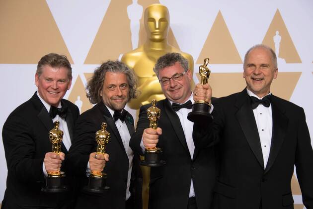 Richard R. Hoover, Paul Lambert, Gerd Nefzer, and John Nelson pose backstage with the Oscar for Achievement in visual effects, for work on Blade Runner 2049 during the live ABC Telecast of The 90th Oscars® at the Dolby® Theatre in Hollywood, CA on Sunday, March 4, 2018. Copyright: xMichaelxBakerx 33546_655PLX