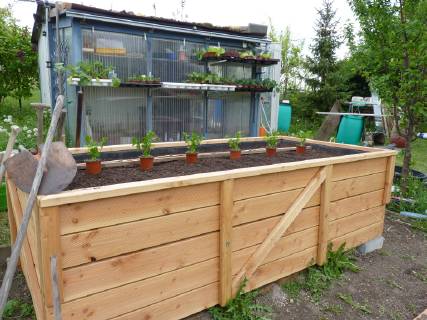 Hochbeet im Garten, kann bepflanzt werden - Raised bed in garden, ready for being planted