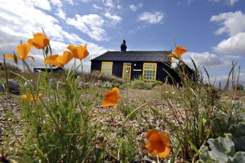 Picture by Roger Bamber: 1 September 2007 : Prospect Cottage, the former home of the late artist and film director Derek Jarman at Dungeness,on Romnet Marsh, Kent. The house and its dry shingle garden is photographed past some wild flowers, Copyright: Topfoto !ACHTUNG AUFNAHMEDATUM GESCHÄTZT! UnitedArchives1388200