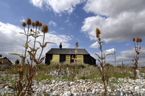 Picture by Roger Bamber: 1 September 2007 : Prospect Cottage, the former home of the late artist and film director Derek Jarman at Dungeness,on Romnet Marsh, Kent. The house and its dry shingle garden is photographed through some thistles., Copyright: Topfoto !ACHTUNG AUFNAHMEDATUM GESCHÄTZT! UnitedArchives1388201