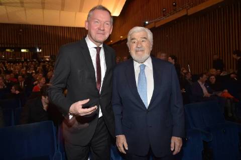 Lutz Marmor ( NDR Intendant), Mario Adorf beim 16. Deutschen Hoerfilmpreis im Kino International in Berlin am 20.03.2018