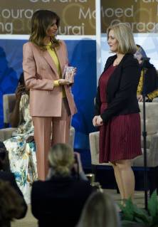 United States First Lady Melania Trump presents a 2018 International Women of Courage Award to Dr. Feride Rushiti of Kosovo during an Award Ceremony at the State Department in Washington, DC, March 23, 2018.  WAP20180323919