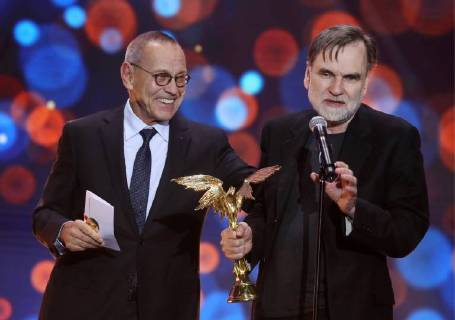 MOSCOW REGION, RUSSIA â€“ APRIL 1, 2018: Film director Andrei Konchalovsky (L) looks on as producer Sergei Selyanov accepts the Best Film award for Boris Khlebnikov s film Arrhythmia at the 31st Nika Film Award Ceremony, at the Vegas City Hall. Vyacheslav Prokofyev TASS  TS07A36B