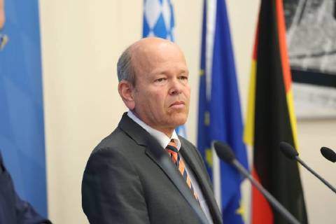 April 5, 2018 - Munich, Bavaria, Germany - Burkhard Koerner speaks, in Munich, Germany, on April 5, 2018. The minister of interiour Joachim Herrmann and the President of the Verfassungsschutz ( Secret Service). They talked about Islamism, Right-wing extremism, left-wing extremism and cyber crminality. Munich Germany - ZUMAn230 20180405_zaa_n230_094 Copyright: xAlexanderxPohlx