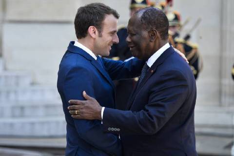 Bilder des Tages Emmanuel Macron - president de la Republique Alassane Ouattara - President de la Republique de Cote d Ivoire NEWS : Entretien Macron Ouattara - Paris - 20 04 2018 JBAutissier Panoramic 775155786