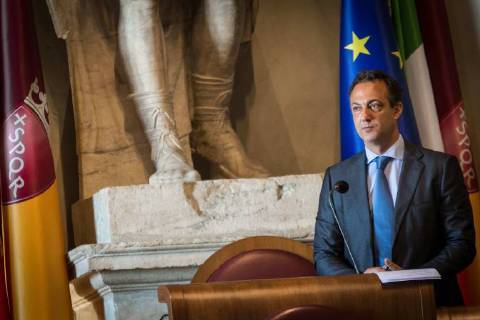 April 21, 2018 - Rome, Lazio, Italy - the President of the Capitoline Assembly Marcello De Vito during the celebration ceremony for the 2771st Christmas in Rome. The celebrations were launched by the Mayor of Rome Virginia Raggi and the President of the Capitoline Assembly Marcello De Vito. Also present were the Deputy Mayor with responsibility for Cultural Growth, Luca Bergamo, the Councillor for Person, School and Community Solidarity, Laura Baldassarre, .The Mayor Virginia Raggi awarded Gigi Proietti the Premio Cultori di Roma 2018 , promoted by the Istituto nazionale di Studi Romani and intended for personalities who have distinguished themselves in their studies and works on Rome.on April 21, 2018 in Rome, Italy Rome Italy - ZUMAn230 20180421_zaa_n230_664 Copyright: xAndreaxRonchinix