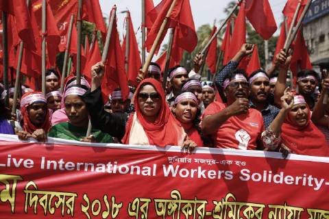April 30, 2018 - Dhaka, Bangladesh - Garment workers shout slogans during rally to mark May Day or International Workers Day in Dhaka. Dhaka Bangladesh - ZUMAh143 20180430_zap_h143_010 Copyright: xMDxMehedixHasanx