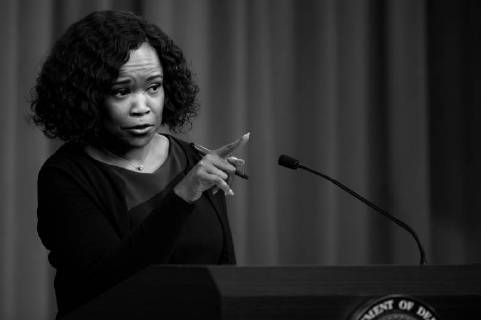 May 3, 2018 - Washington, District of Columbia, U.S. - The United States has protested to China after repeated instances of lasers interfering with U.S. military aircraft landing in Djibouti, chief Pentagon spokesperson DANA WHITE said here today. Chief Pentagon spokesperson Dana W. White conducts a news conference at the Pentagon. In her weekly news conference, White confirmed that two Air Force crewmen were slightly injured in one incident. Washington U.S. - ZUMAz03_ 20180503_sha_z03_321 Copyright: xDept.xofxDefensex