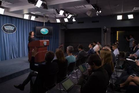 May 3, 2018 - Washington, District of Columbia, U.S. - The United States has protested to China after repeated instances of lasers interfering with U.S. military aircraft landing in Djibouti, chief Pentagon spokesperson DANA WHITE said here today. Chief Pentagon spokesperson Dana W. White conducts a news conference at the Pentagon. In her weekly news conference, White confirmed that two Air Force crewmen were slightly injured in one incident. Washington U.S. - ZUMAz03_ 20180503_sha_z03_323 Copyright: xDept.xofxDefensex