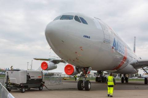 DEU, Deutschland, Brandenburg, Schönefeld, 25.04.2018: ILA Berlin Air Show, Internationale Luft- und Raumfahrtausstellung Berlin - Auf der ILA Berlin Air Show 2018 zeigt Airbus sein Flight Lab BLADE-Testflugzeug (EU-Clean-Sky-Partnern). Airbus A340 Reg. F-WWAI