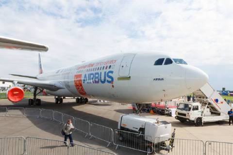 DEU, Deutschland, Brandenburg, Schönefeld, 25.04.2018: ILA Berlin Air Show, Internationale Luft- und Raumfahrtausstellung Berlin - Auf der ILA Berlin Air Show 2018 zeigt Airbus sein Flight Lab BLADE-Testflugzeug (EU-Clean-Sky-Partnern). Airbus A340 Reg. F-WWAI
