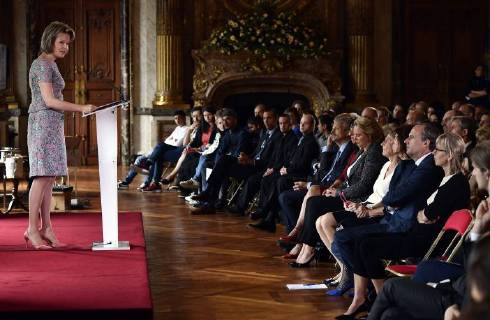 Queen Mathilde of Belgium delivers a speech during a ceremony to award the Queen Mathilde Award 2018, in Brussels, Wednesday 16 May 2018. The winner of the Queen Mathilde award is selected by a youth jury from one of the thirteen Queen Mathilde Foundation projects  ERICxLALMAND 05346916