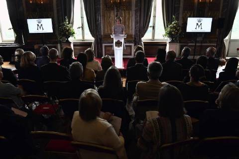 Queen Mathilde of Belgium delivers a speech during a ceremony to award the Queen Mathilde Award 2018, in Brussels, Wednesday 16 May 2018. The winner of the Queen Mathilde award is selected by a youth jury from one of the thirteen Queen Mathilde Foundation projects  ERICxLALMAND 05346942