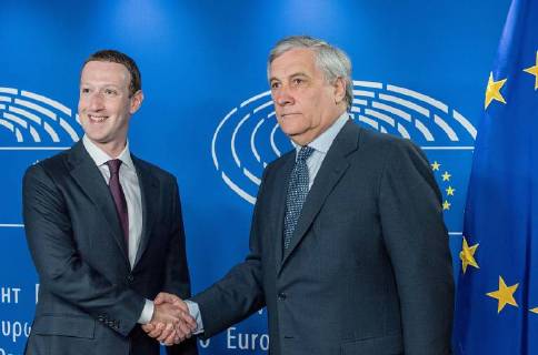 May 22, 2018 - Brussles, Belgium - Facebook CEO MARK ZUCKERBERG (L) shakes hands with European Parliament President ANTONIO TAJANI at the European Parliament ahead of the audition of Facebook CEO on the data privacy scandal. Brussles Belgium - ZUMAp311 20180522_zap_p311_014 Copyright: xRiccardoxPareggianix