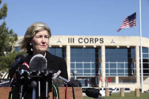 November 6, 2009 - Fort Hood, TEXAS, UNITED STATES - FOR METRO - Senator Kay Bailey Hutchison answers questions from the media outside of III Corps headquarters where an American flag flies at half-staff Friday Nov. 6, 2009 on Fort Hood Army Base in Fort Hood, Tx. EDWARD A. ORNELAS eaornelas@express-news.net) Fort Hood UNITED STATES - ZUMAa27_ 20091106_zaf_a27_008 Copyright: xEdwardxA.xOrnelasx