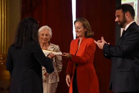 Queen Paola of Belgium (C), Princess Claire of Belgium (2R) and German Community Minister of Education, Formation and Scientific Research Harald Mollers (R) pictured during a ceremony for the Queen Paola Award 2017-2018 (Koningin Paolaprijs - Prix Reine Paola) for education, at the royal castle in Laken Laeken, Brussels, Wednesday 30 May 2018.  CAMILLExDELANNOIS 05356500