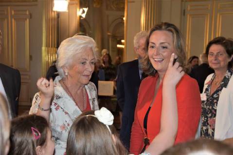 Queen Paola of Belgium and Princess Claire of Belgium pictured during a ceremony for the Queen Paola Award 2017-2018 (Koningin Paolaprijs - Prix Reine Paola) for education, at the royal castle in Laken Laeken, Brussels, Wednesday 30 May 2018.  CAMILLExDELANNOIS 05356506