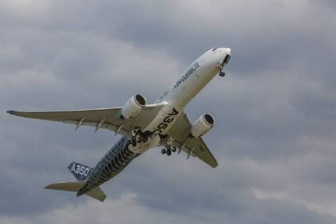 DEU, Deutschland, Brandenburg, Schönefeld, 25.04.2018: ILA Berlin Air Show, Internationale Luft- und Raumfahrtausstellung Berlin - F-WWCF Airbus Industrie Airbus A350-941 - Flugvorführung