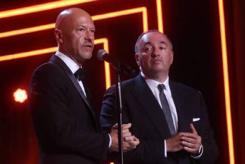 SOCHI, RUSSIA - JUNE 10, 2018: Director Fyodor Bondarchuk (L) and Kinotavr Festival President, film producer Alexander Rodnyansky at the closing ceremony of the 29th Kinotavr Film Festival. Vyacheslav Prokofyev TASS  TS0836E5
