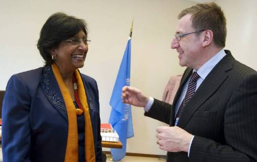 - GENEVA, SWITZERLAND: Navanethem Pillay, United Nations High Commissioner for Human Rights, and Belgian Foreign Minister Steven Vanackere pictured during their meeting at the 13th session of the UN Human Rights Council at the European headquarters of the United Nations in Geneva, Switzerland, Monday 01 March 2010. BENOITxDOPPAGNE  x19065911x