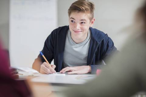 Smiling teenage boy taking notes in class model released Symbolfoto property released  ZEF15668