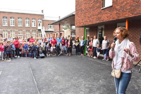 Federation Wallonia - Brussels Minister of Education and School Buildings Marie-Martine Schyns pictured during the first day of the new school year at the Ecole des Charmilles in Thy-Le-Chateau, Monday 03 September 2018. JEAN-LUCxFLEMAL 05419374
