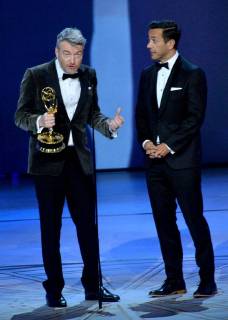 Charlie Brooker (L) and William Bridges accept the Outstanding Writing for a Limited Series, Movie, or Dramatic Special award for Black Mirror: USS Callister , onstage during the 70th annual Primetime Emmy Awards at the Microsoft Theater in downtown Los Angeles on September 17, 2018.  LAP20180917990 JIMxRUYMEN